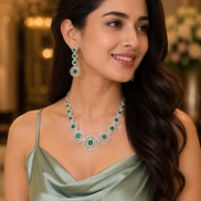 Halo Designed Rhodium Plated Necklace Set with Earrings