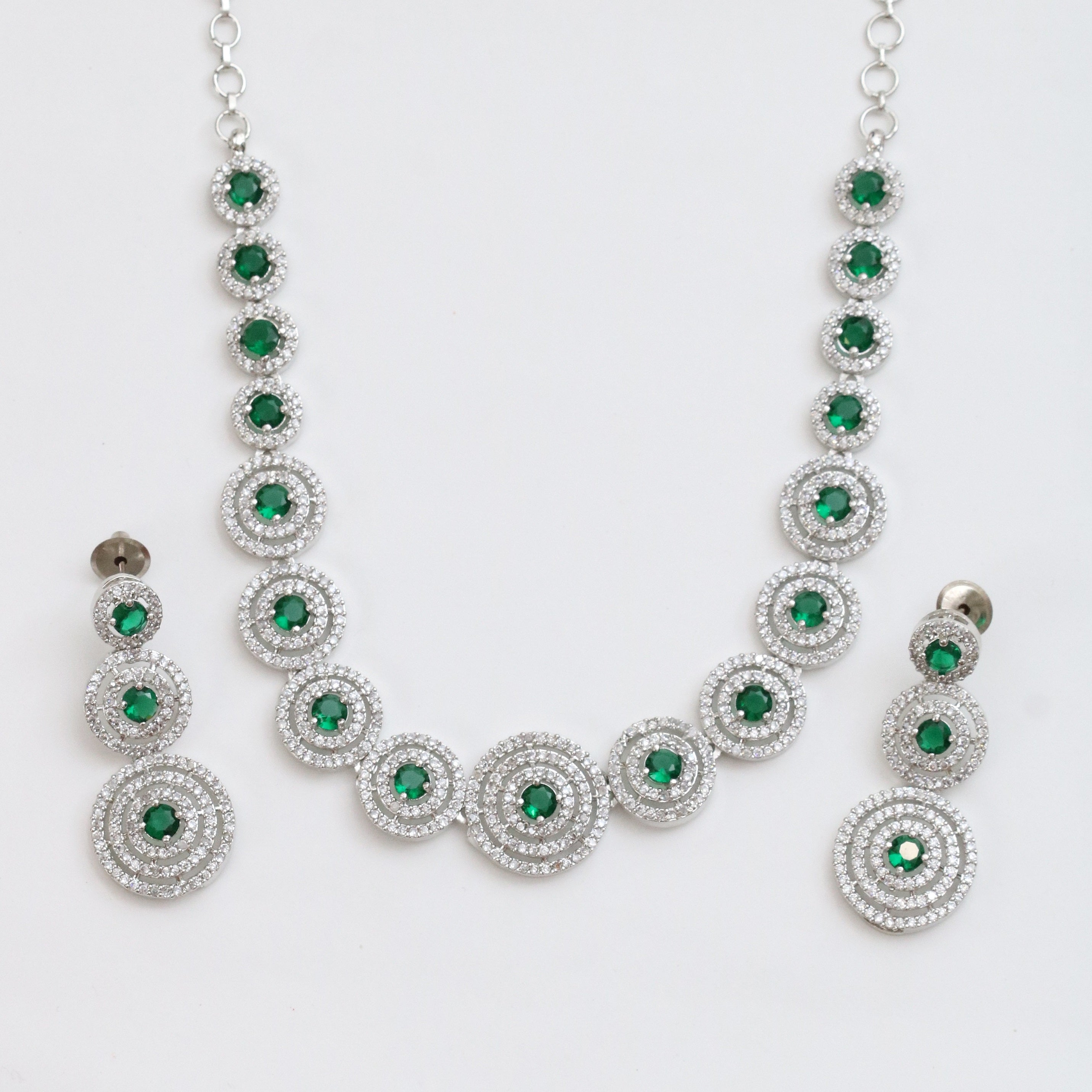 Halo Designed Rhodium Plated Necklace Set with Earrings