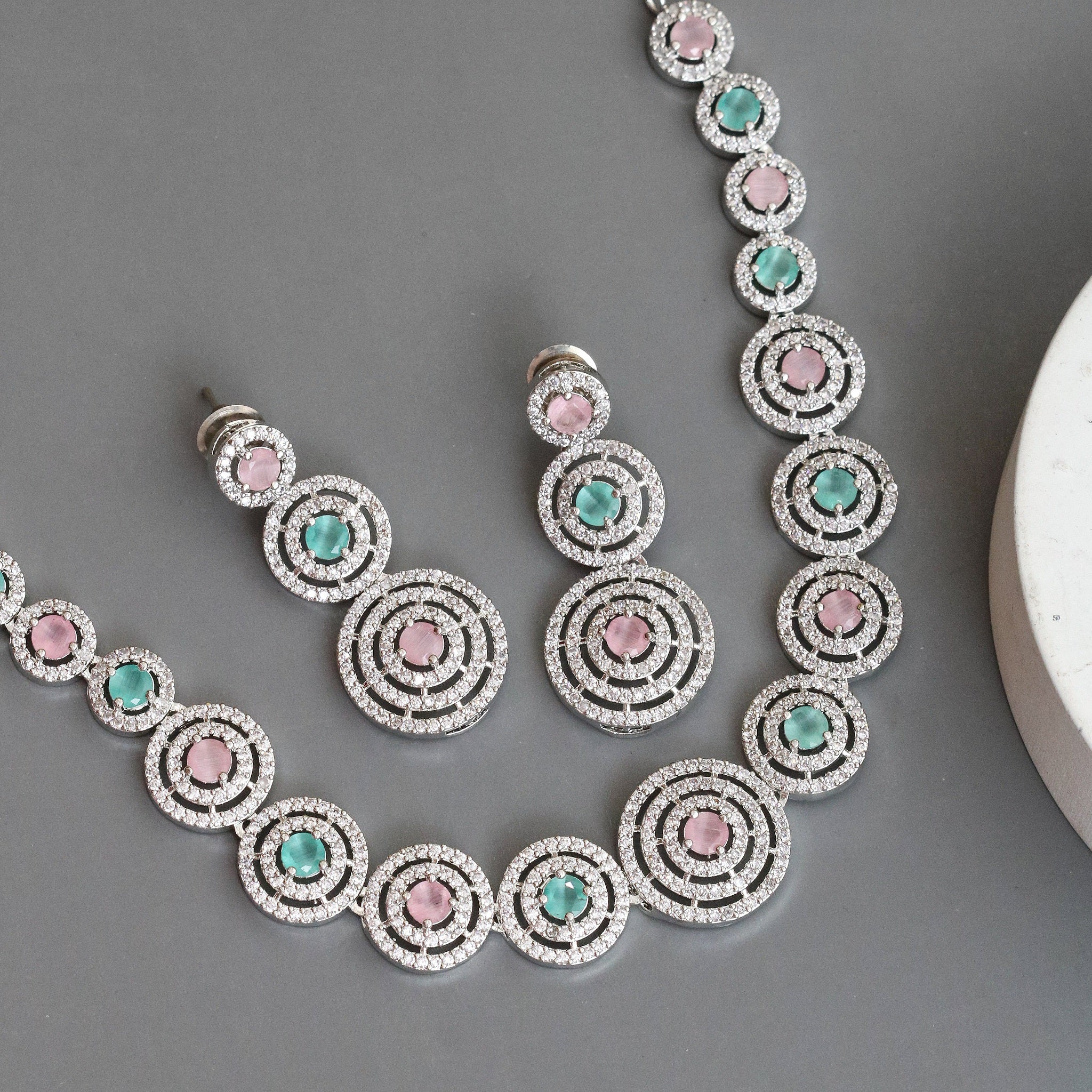 Halo Designed Rhodium Plated Necklace Set with Earrings