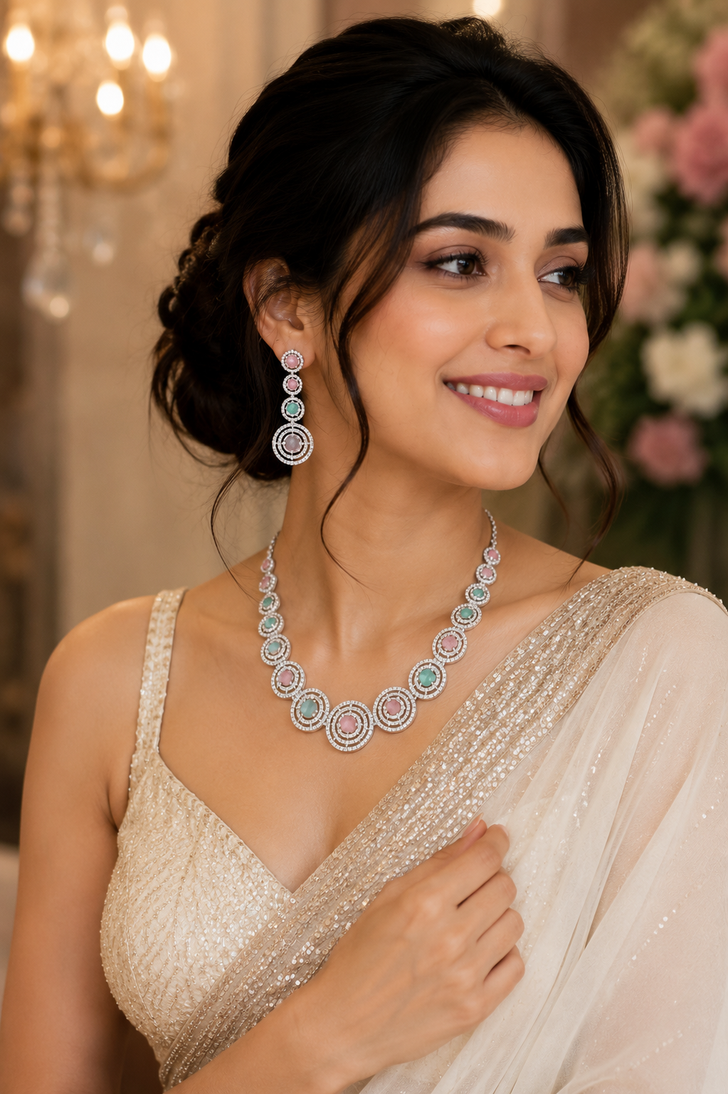 Halo Designed Rhodium Plated Necklace Set with Earrings