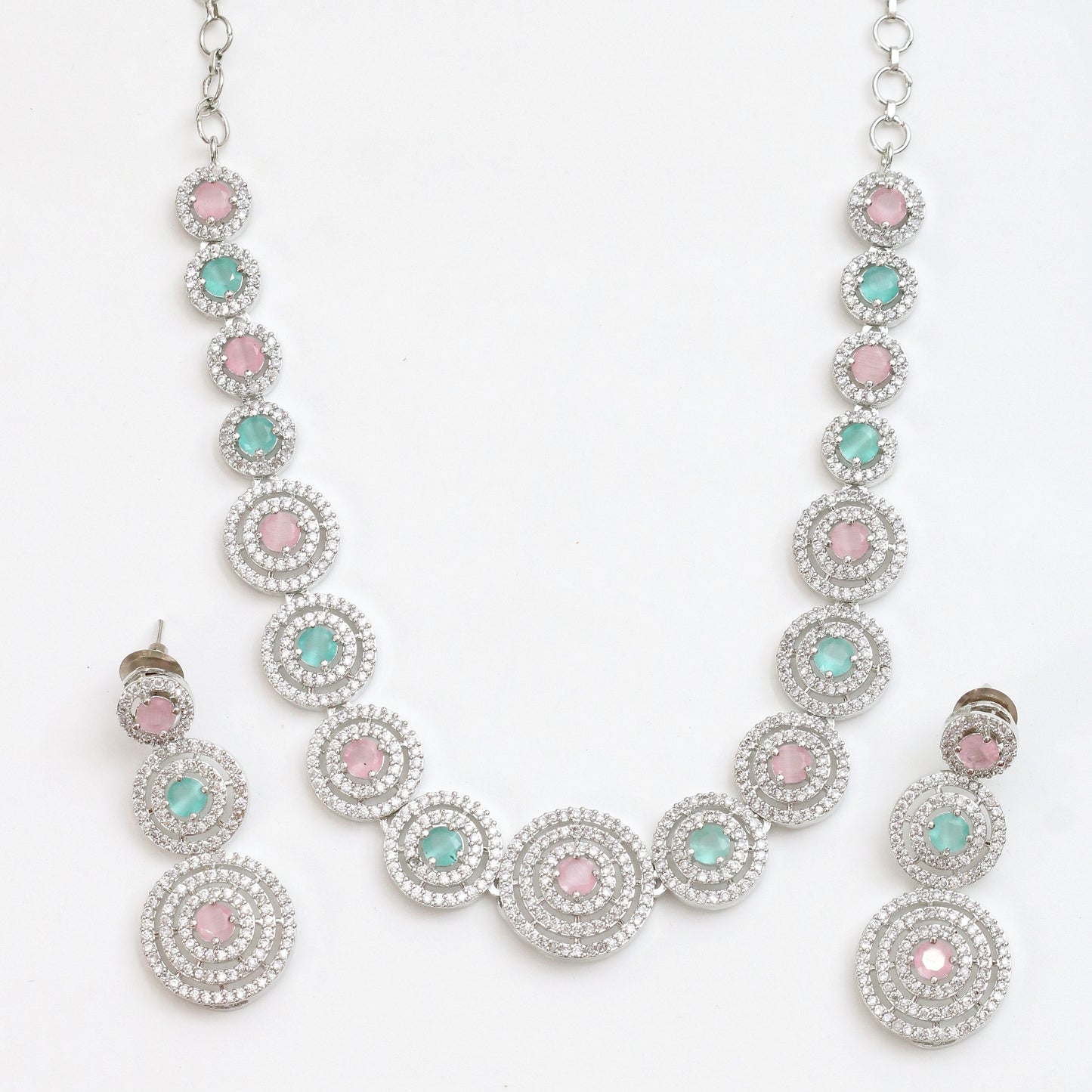Halo Designed Rhodium Plated Necklace Set with Earrings