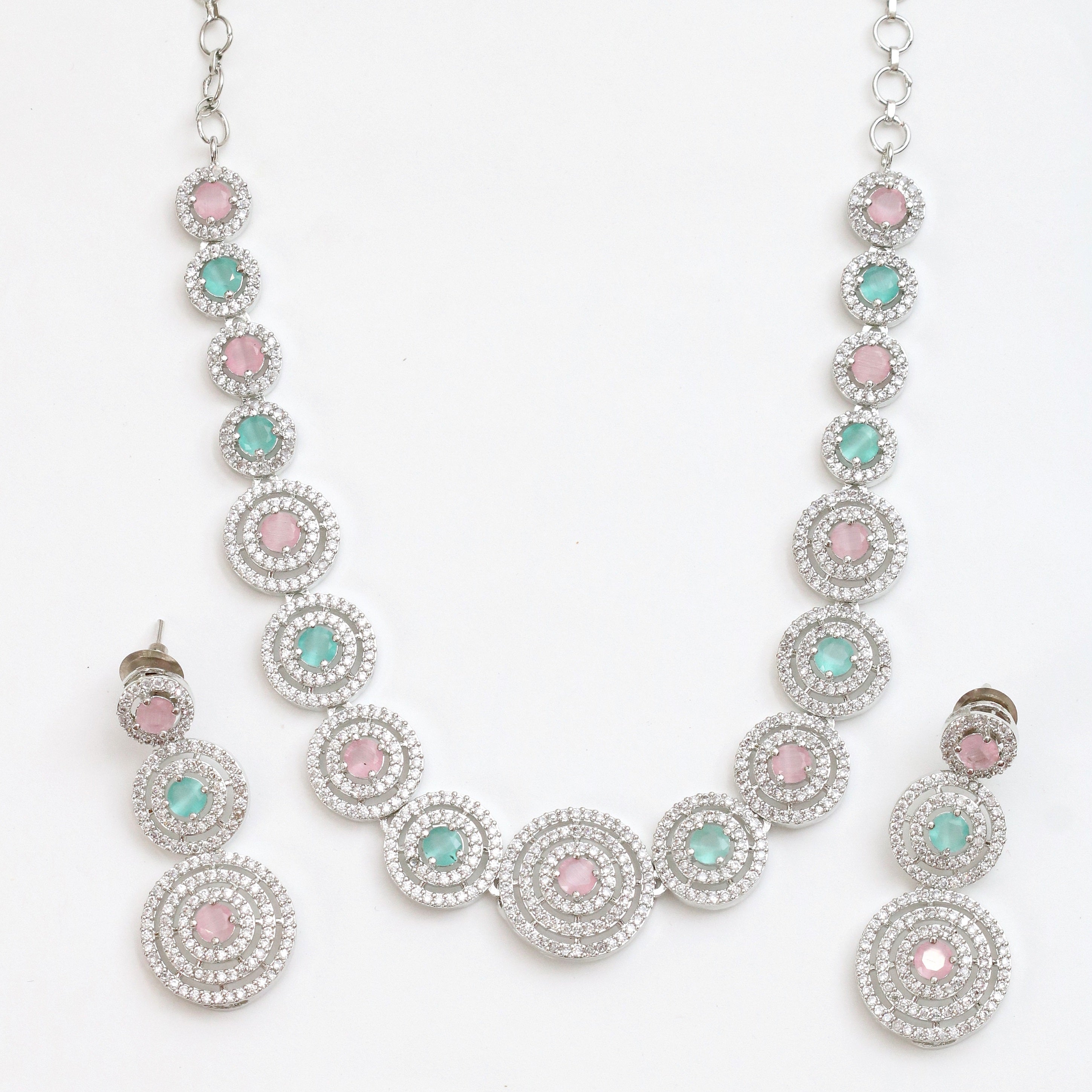 Halo Designed Rhodium Plated Necklace Set with Earrings