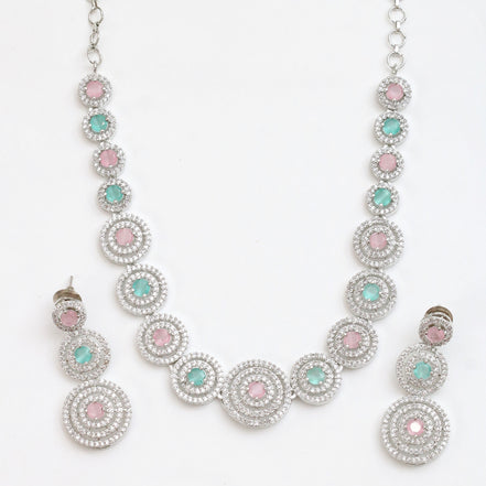 Halo Designed Rhodium Plated Necklace Set with Earrings