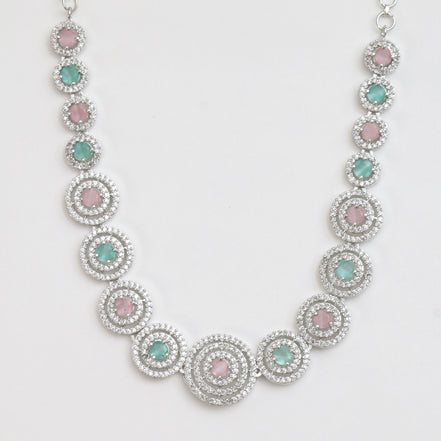 Halo Designed Rhodium Plated Necklace Set with Earrings