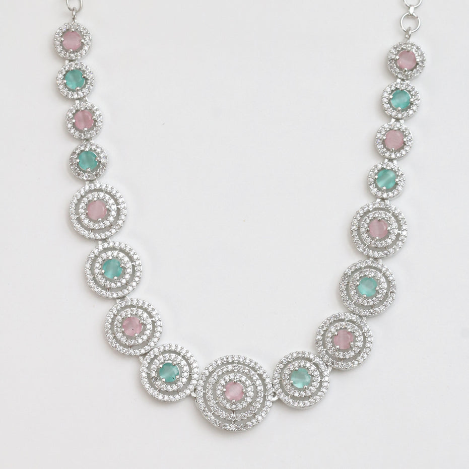 Halo Designed Rhodium Plated Necklace Set with Earrings