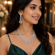 Halo Designed Rhodium Plated Necklace Set with Earrings