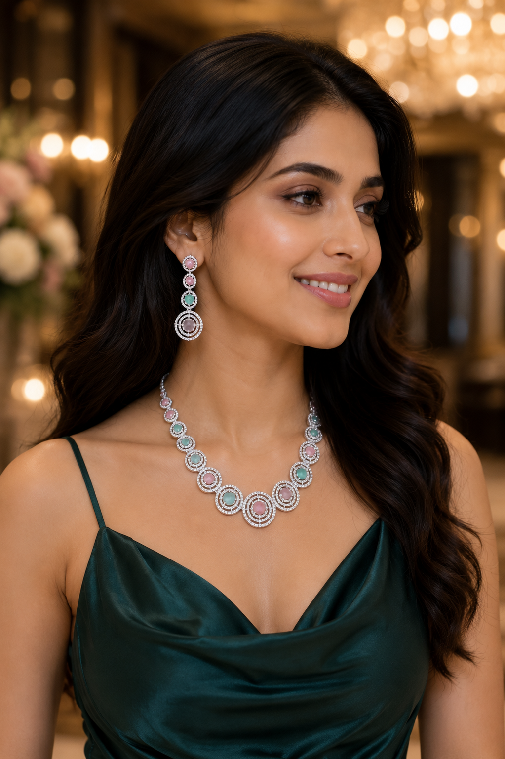 Halo Designed Rhodium Plated Necklace Set with Earrings