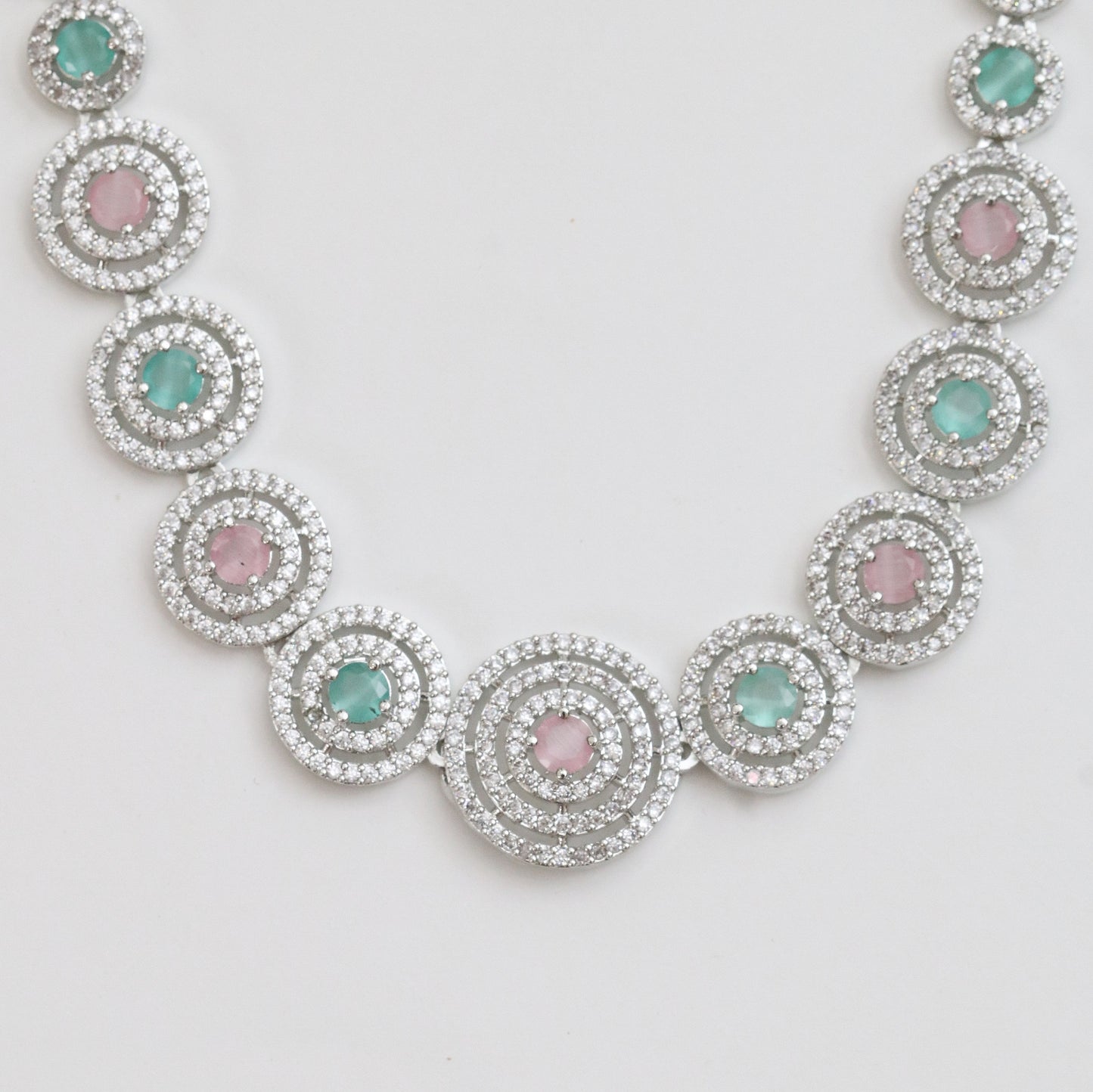Halo Designed Rhodium Plated Necklace Set with Earrings