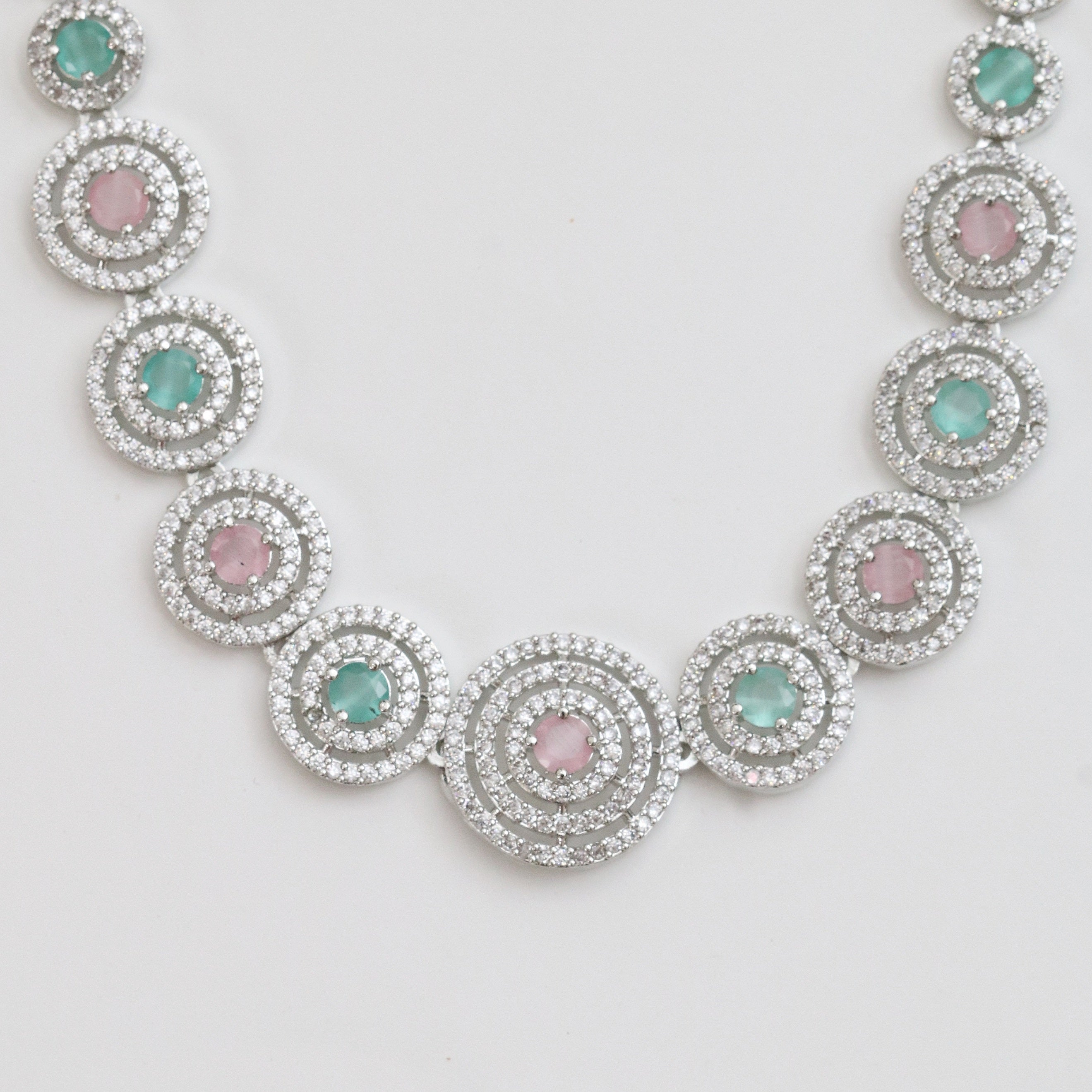 Halo Designed Rhodium Plated Necklace Set with Earrings