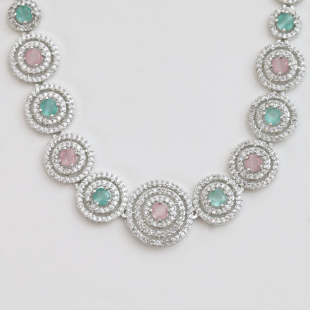 Halo Designed Rhodium Plated Necklace Set with Earrings