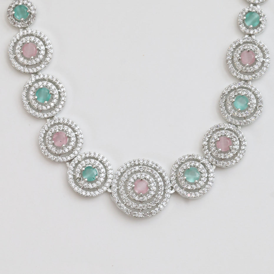 Halo Designed Rhodium Plated Necklace Set with Earrings