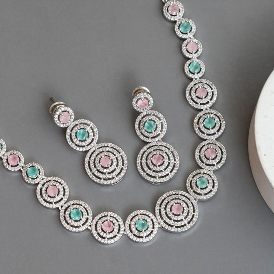 Halo Designed Rhodium Plated Necklace Set with Earrings
