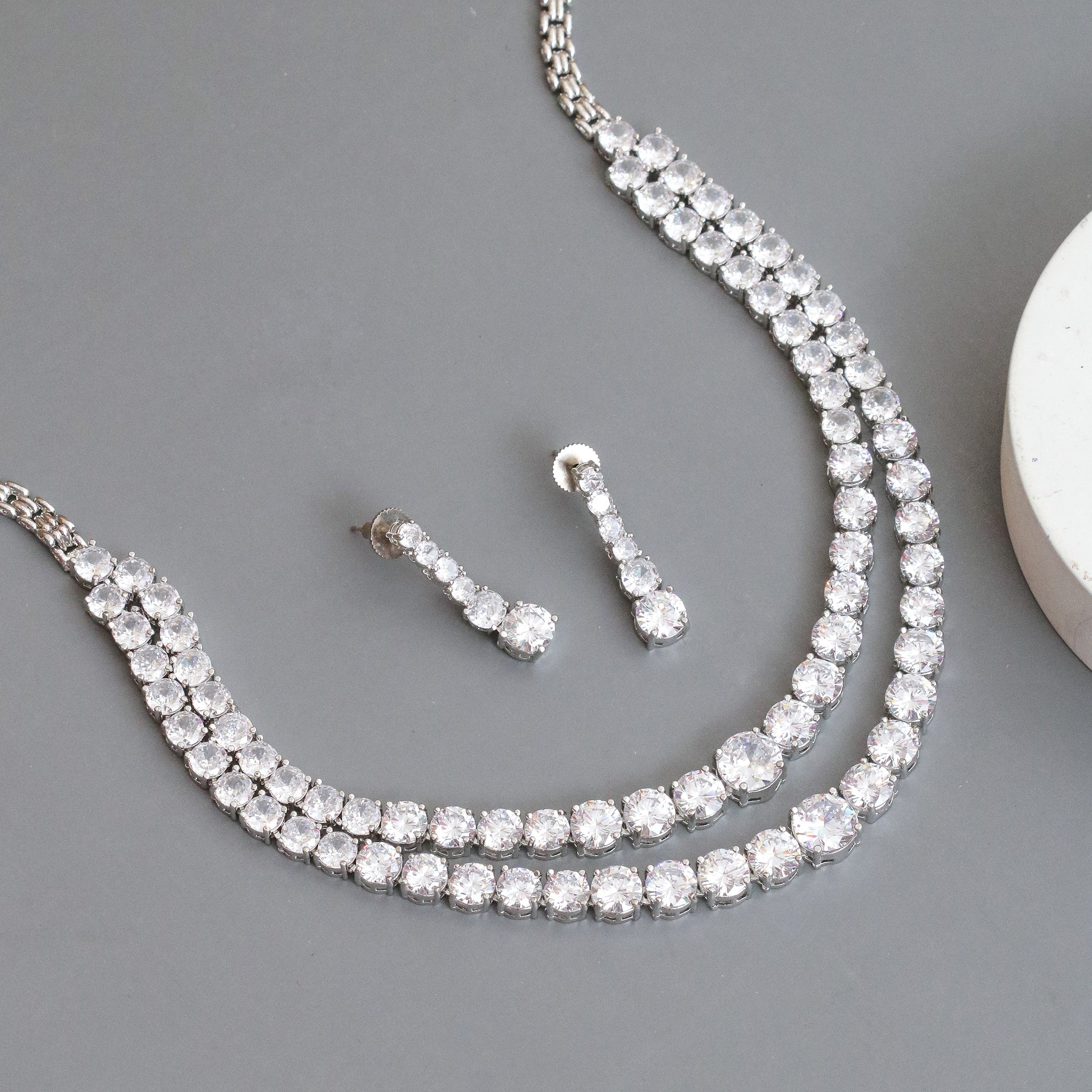 Double Layered White Stoned Rhodium Plated Necklace Set with Earrings