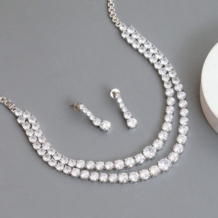 Double Layered White Stoned Rhodium Plated Necklace Set with Earrings