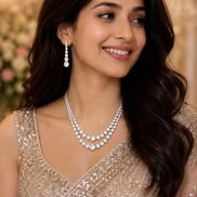 Double Layered White Stoned Rhodium Plated Necklace Set with Earrings