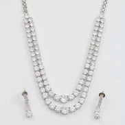 Double Layered White Stoned Rhodium Plated Necklace Set with Earrings