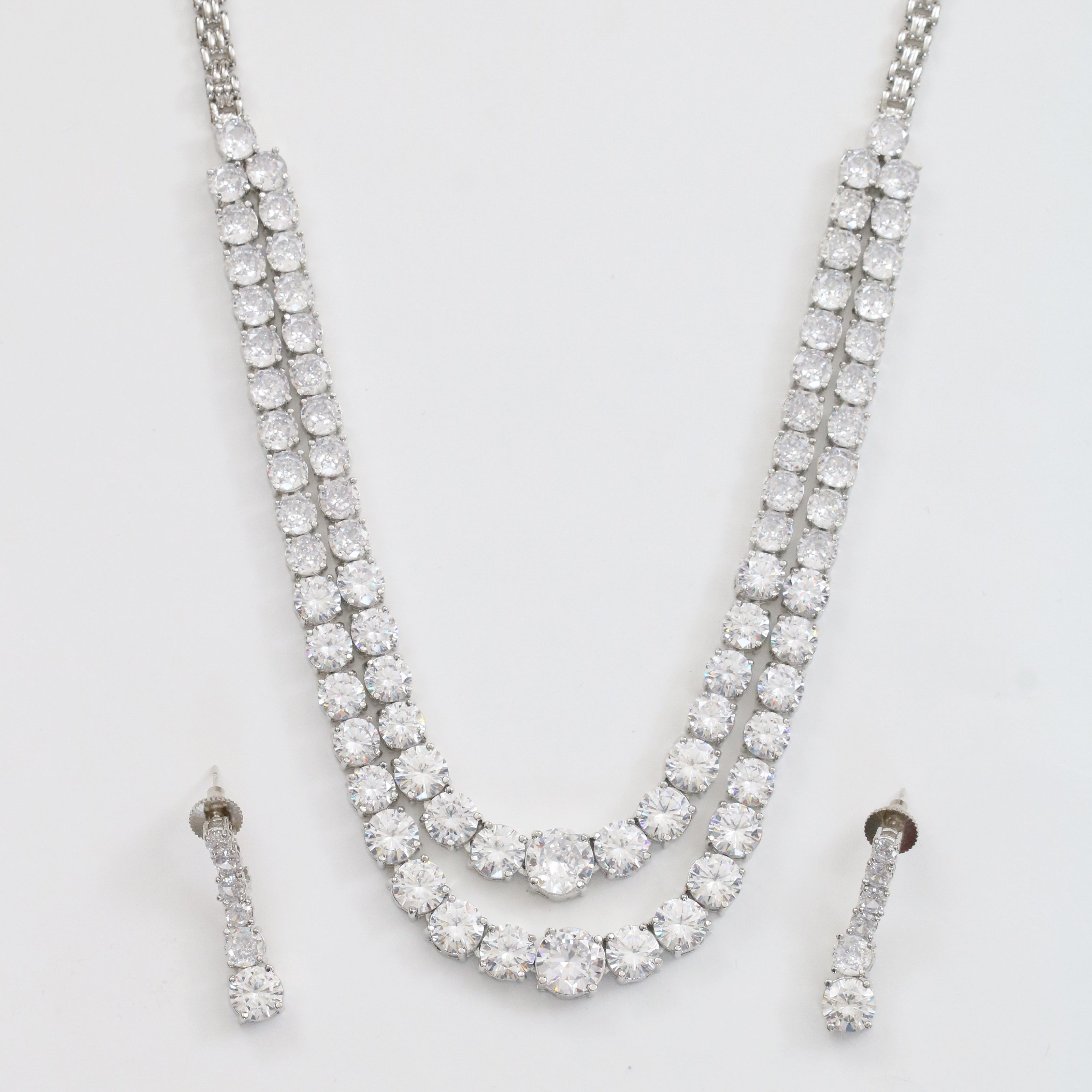 Double Layered White Stoned Rhodium Plated Necklace Set with Earrings
