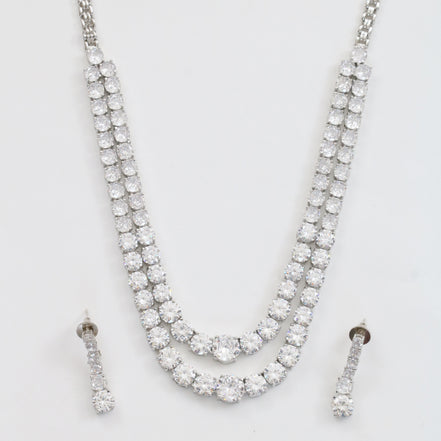Double Layered White Stoned Rhodium Plated Necklace Set with Earrings