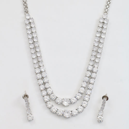 Double Layered White Stoned Rhodium Plated Necklace Set with Earrings