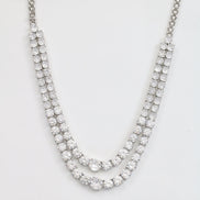 Double Layered White Stoned Rhodium Plated Necklace Set with Earrings