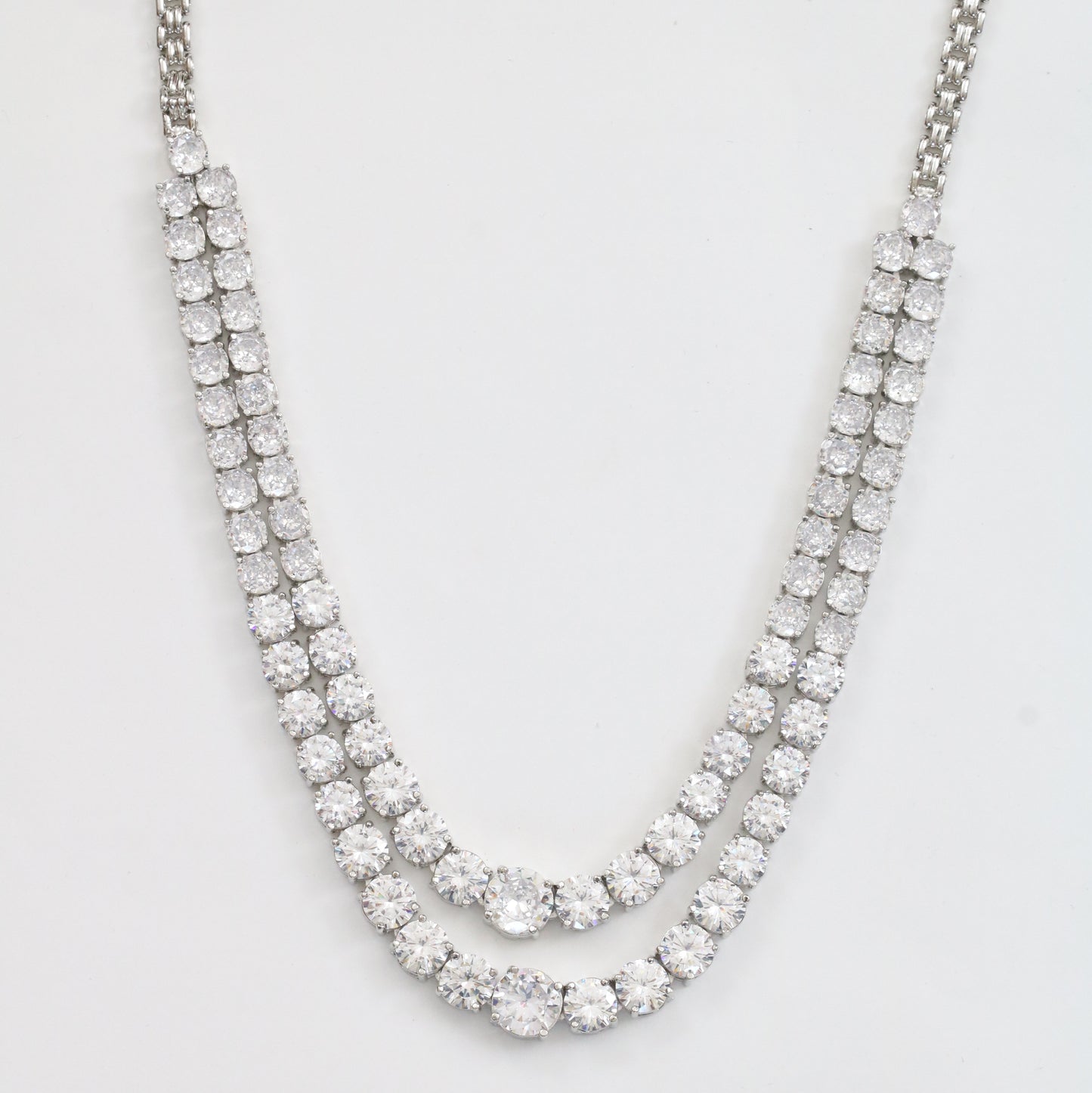 Double Layered White Stoned Rhodium Plated Necklace Set with Earrings