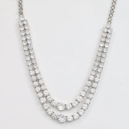 Double Layered White Stoned Rhodium Plated Necklace Set with Earrings