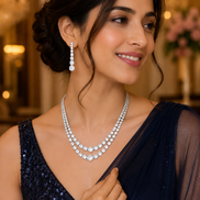 Double Layered White Stoned Rhodium Plated Necklace Set with Earrings