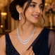 Double Layered White Stoned Rhodium Plated Necklace Set with Earrings