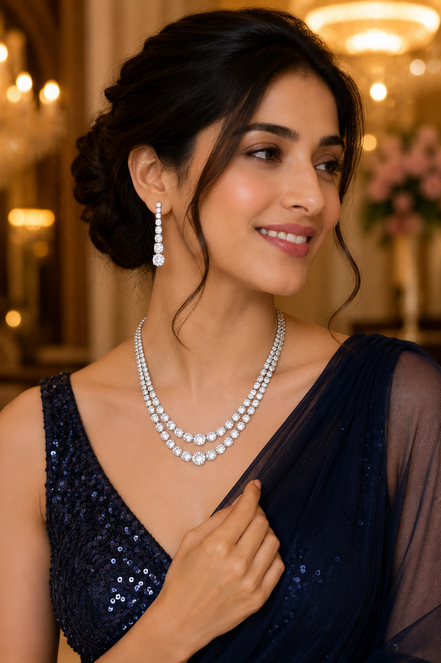 Double Layered White Stoned Rhodium Plated Necklace Set with Earrings