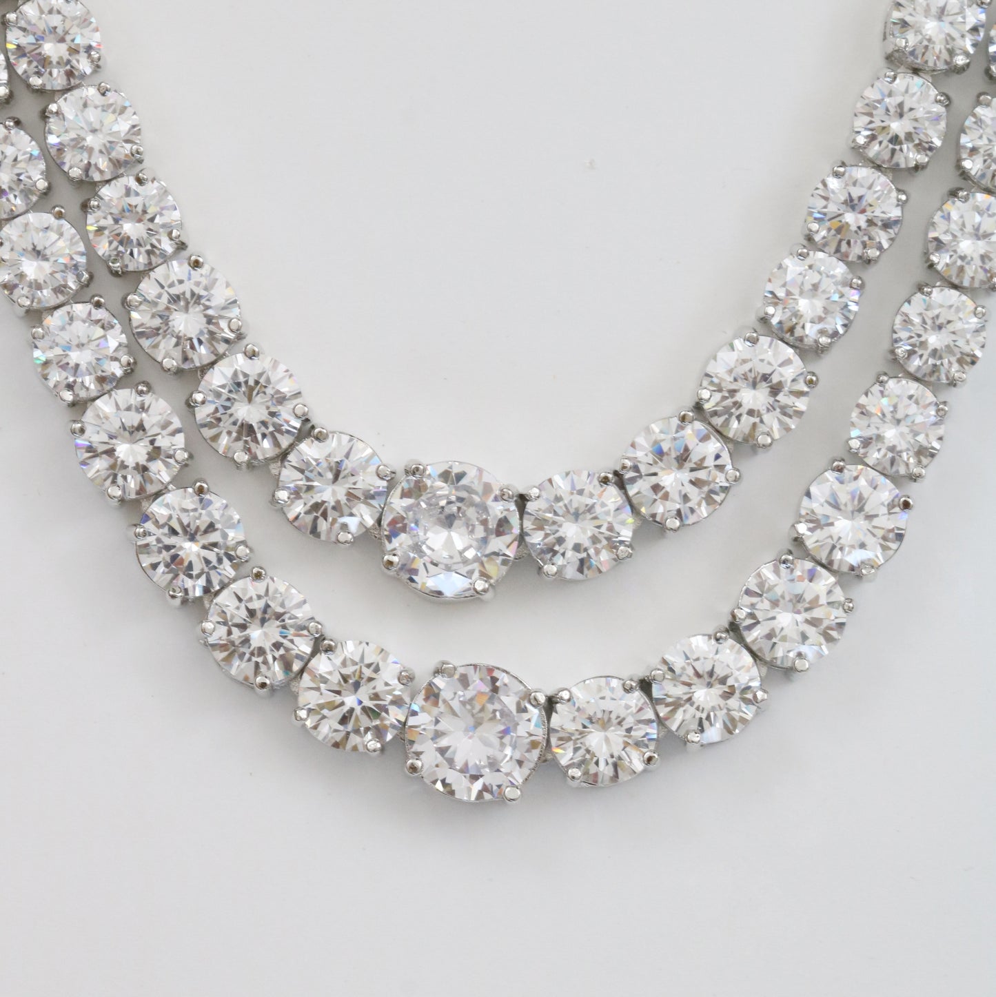 Double Layered White Stoned Rhodium Plated Necklace Set with Earrings