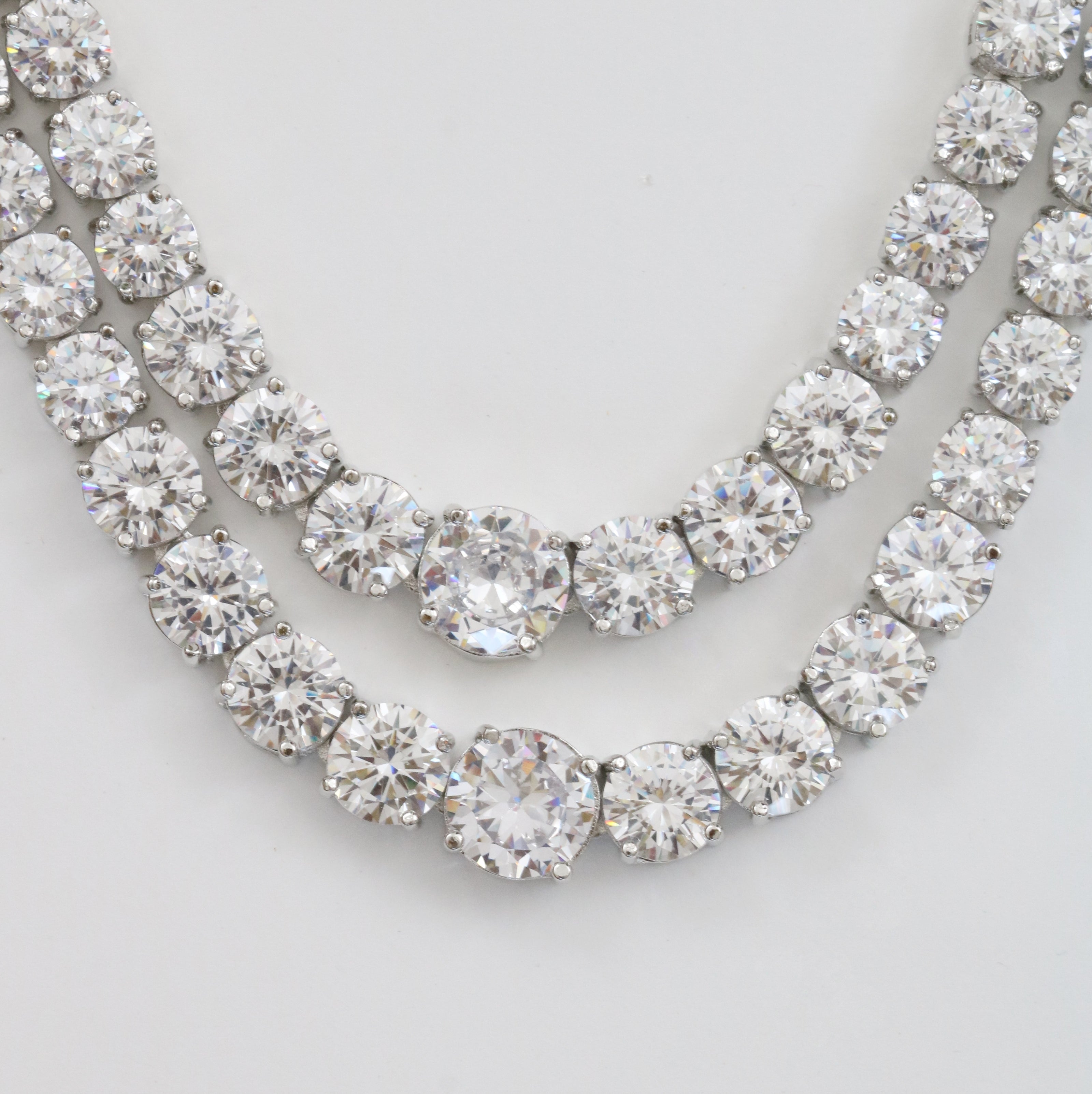 Double Layered White Stoned Rhodium Plated Necklace Set with Earrings