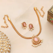 Mehendi Plated Oval Stone Traditional Attigai Necklace Set