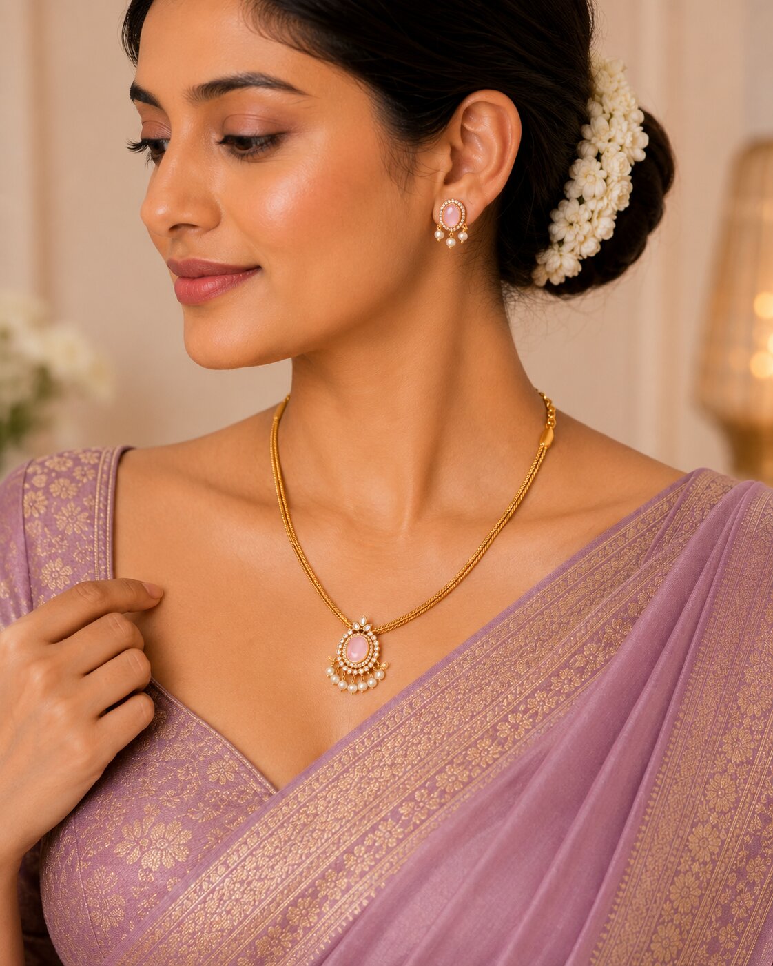 Mehendi Plated Oval Stone Traditional Attigai Necklace Set