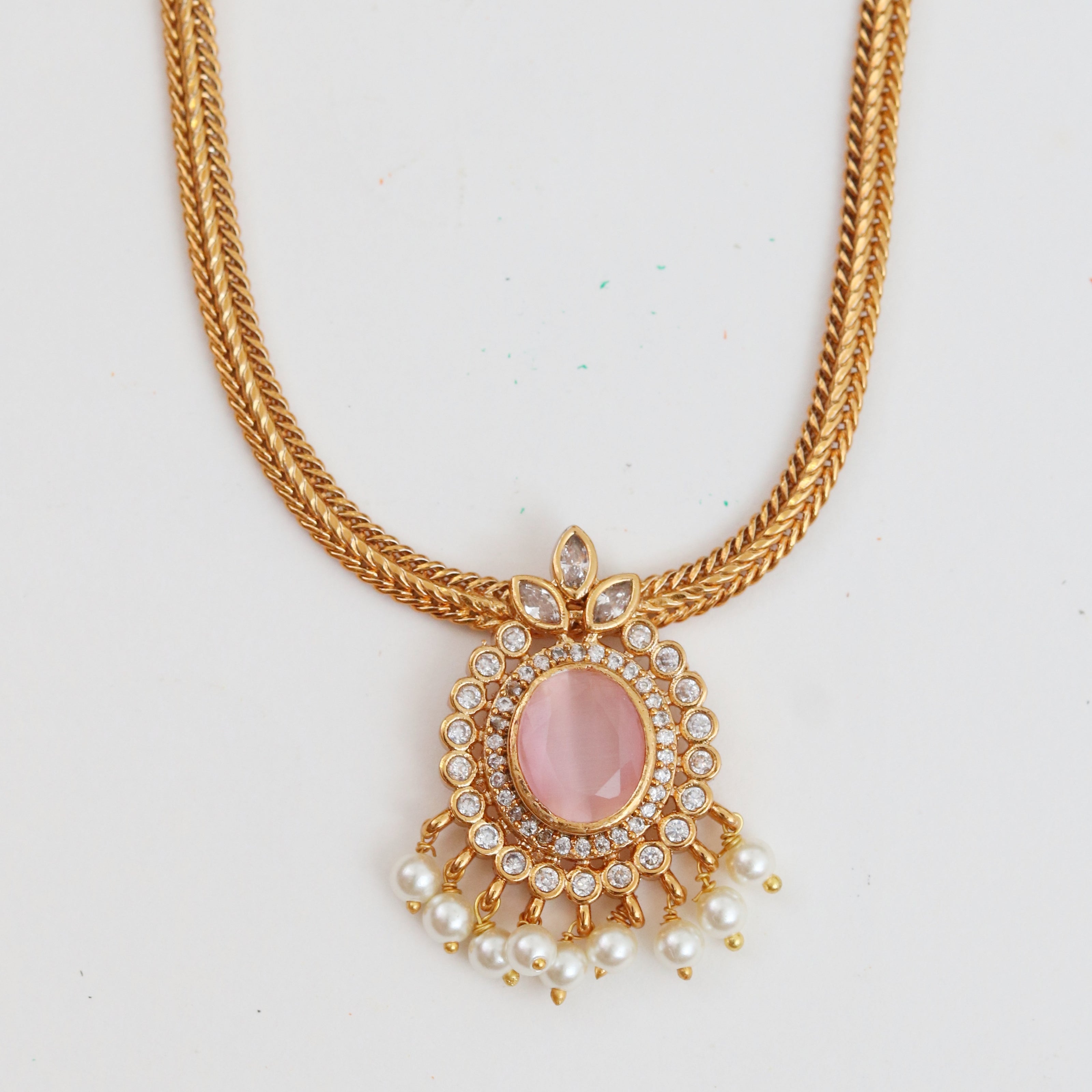 Mehendi Plated Oval Stone Traditional Attigai Necklace Set