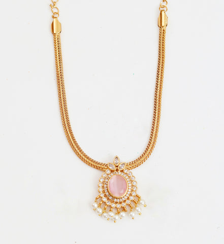 Mehendi Plated Oval Stone Traditional Attigai Necklace Set