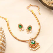 Mehendi Plated Oval Stone Traditional Attigai Necklace Set