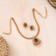 Mehendi Plated Oval Stone Traditional Attigai Necklace Set