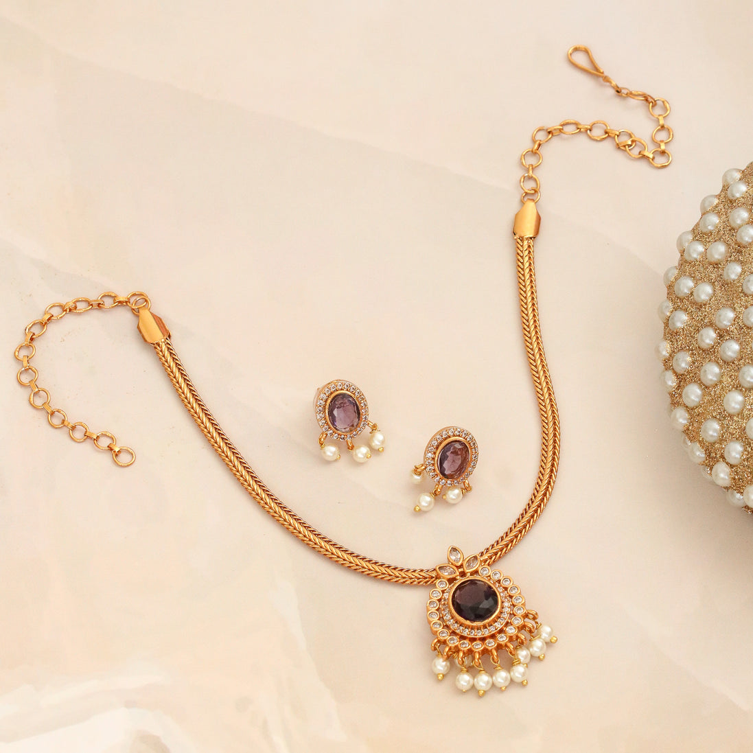Mehendi Plated Oval Stone Traditional Attigai Necklace Set