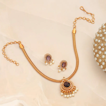 Mehendi Plated Oval Stone Traditional Attigai Necklace Set