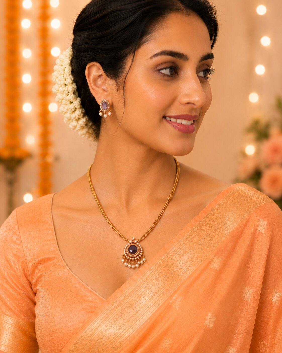 Mehendi Plated Oval Stone Traditional Attigai Necklace Set