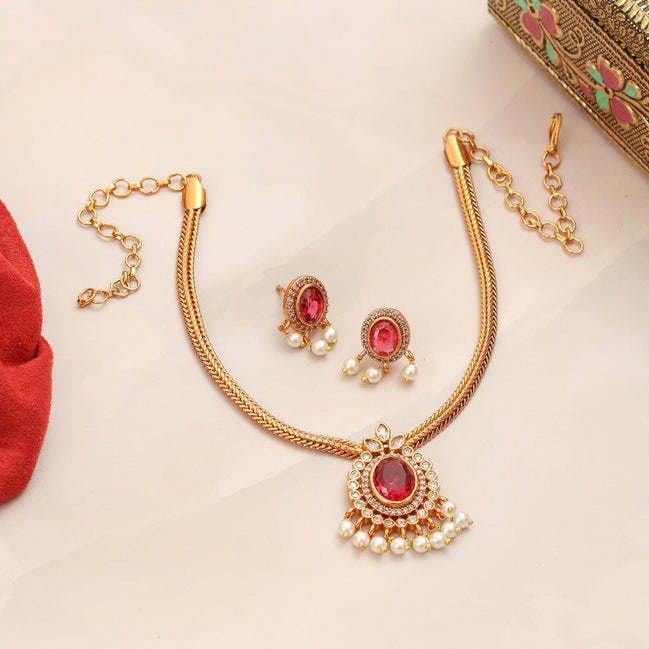 Mehendi Plated Oval Stone Traditional Attigai Necklace Set
