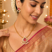 Mehendi Plated Oval Stone Traditional Attigai Necklace Set