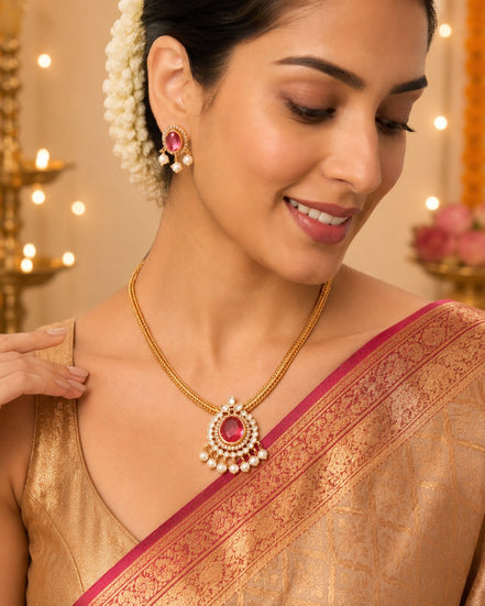 Mehendi Plated Oval Stone Traditional Attigai Necklace Set