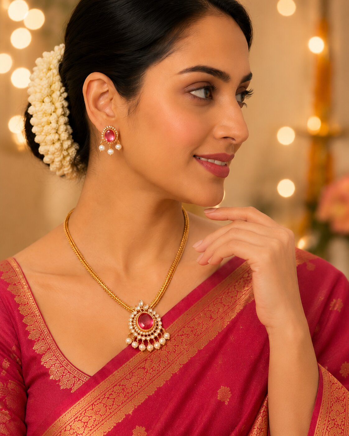 Mehendi Plated Oval Stone Traditional Attigai Necklace Set