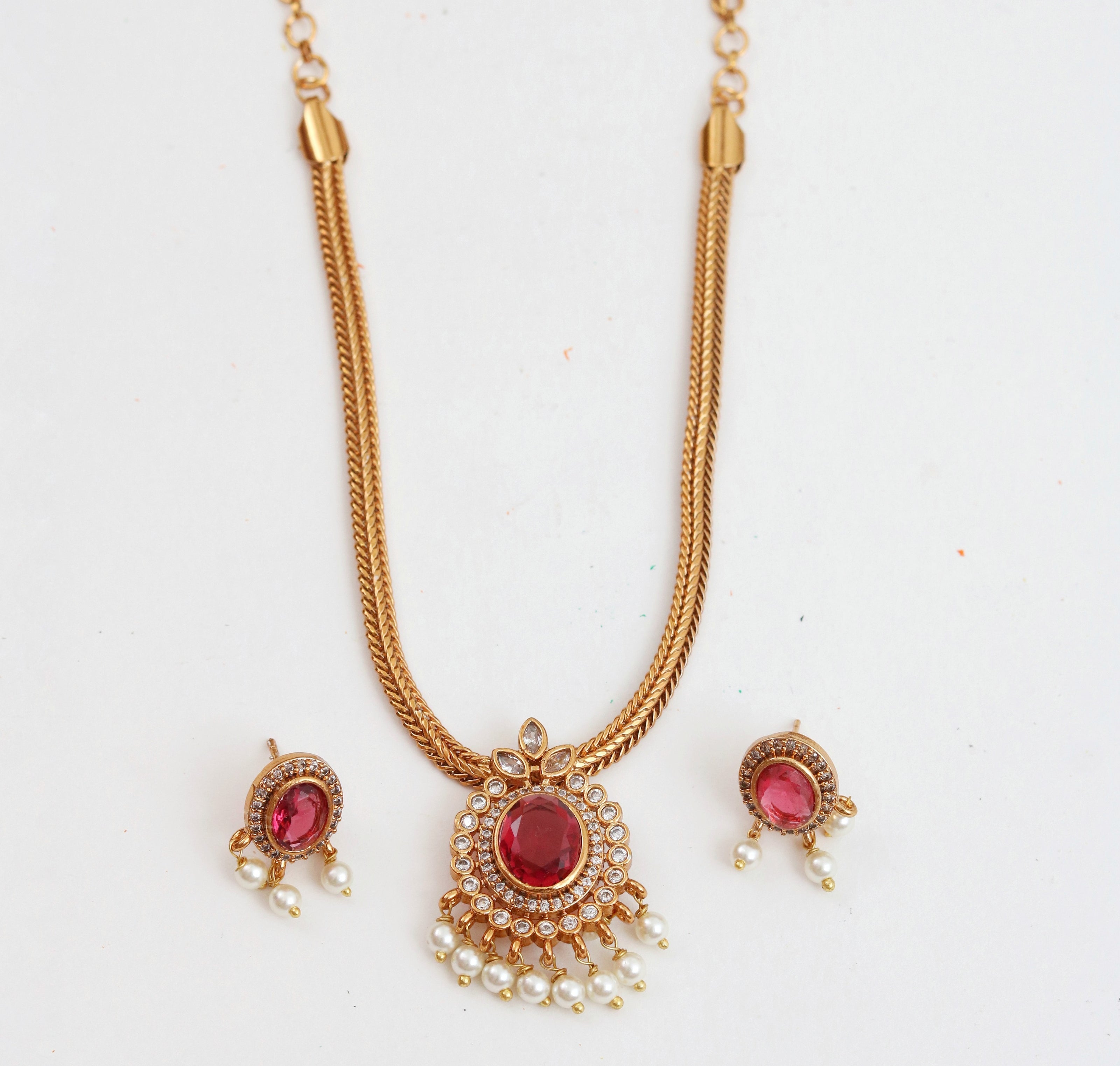 Mehendi Plated Oval Stone Traditional Attigai Necklace Set