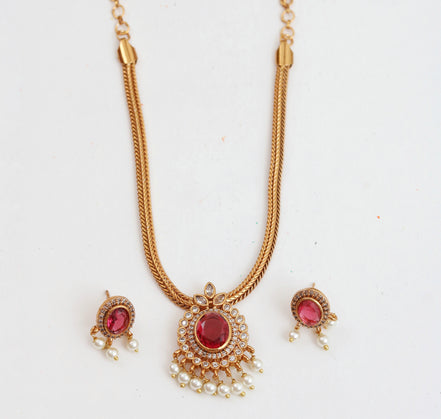 Mehendi Plated Oval Stone Traditional Attigai Necklace Set