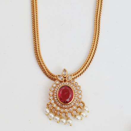 Mehendi Plated Oval Stone Traditional Attigai Necklace Set