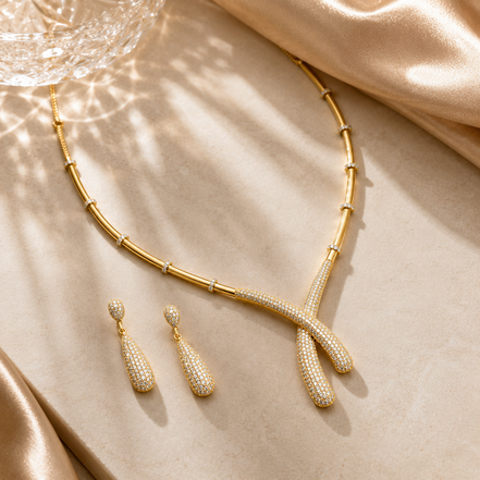 Gold Plated CZ Artistic Curve Necklace Set