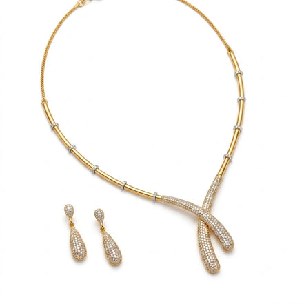 Gold Plated CZ Artistic Curve Necklace Set