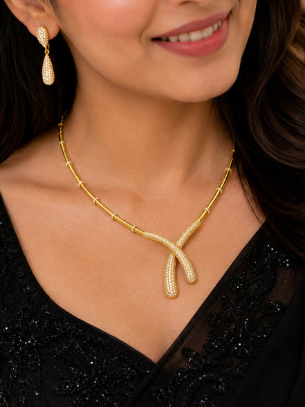 Gold Plated CZ Artistic Curve Necklace Set